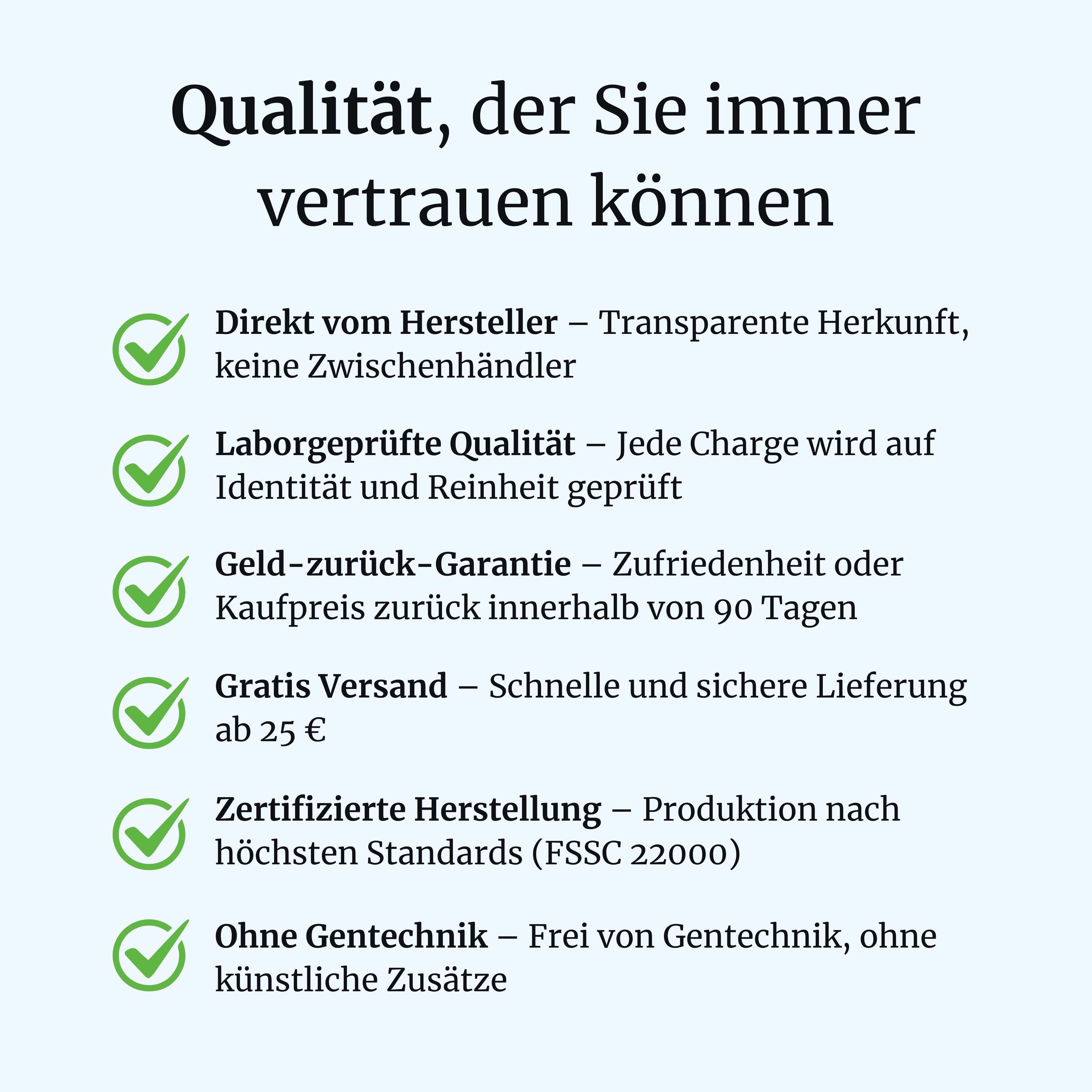 Liste von Qualitätsmerkmalen für GastroVia®: Made in Germany, ISO-zertifiziert, Labor-getestet.