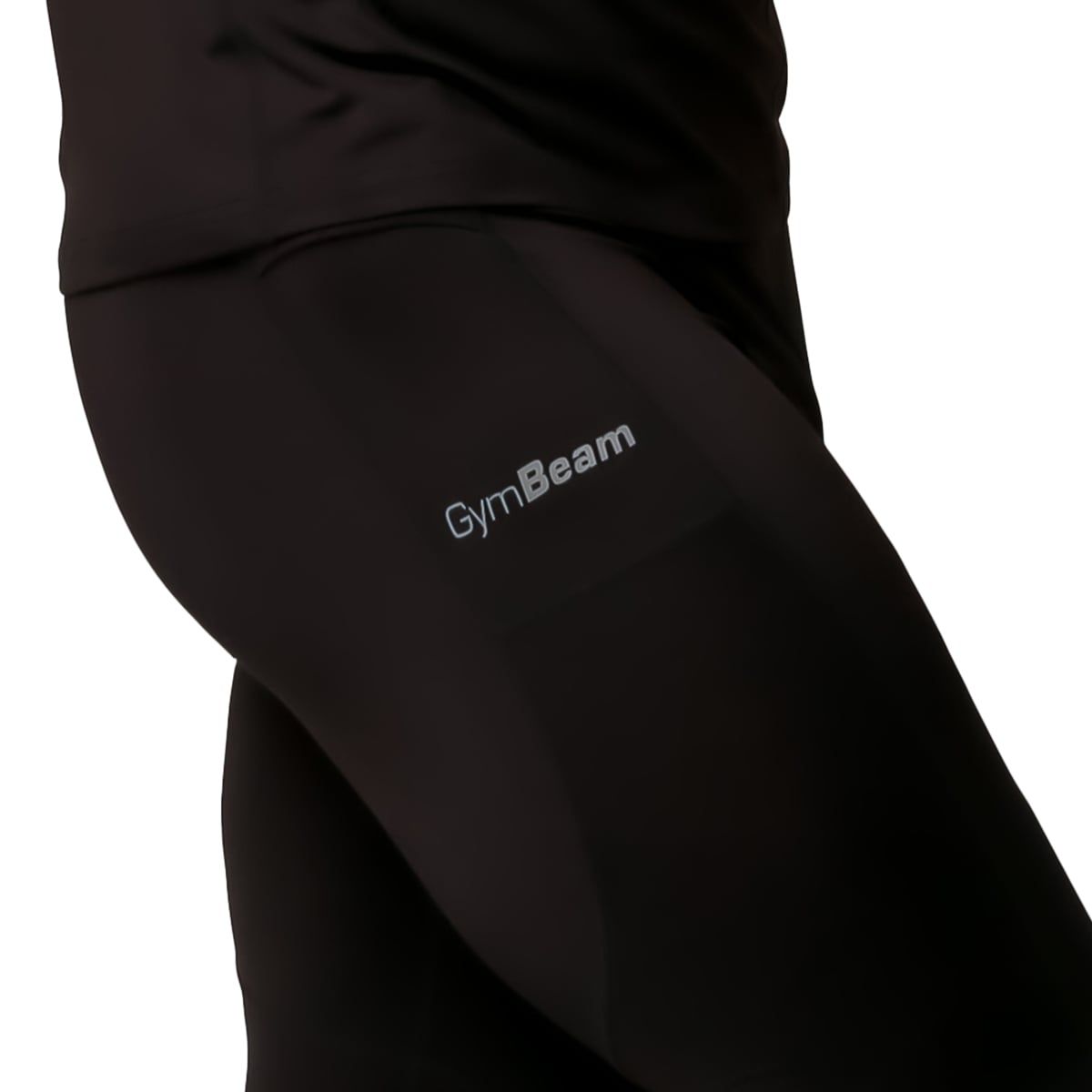 Schwarze Herren-Laufleggings mit seitlicher Tasche und GymBeam-Logo.