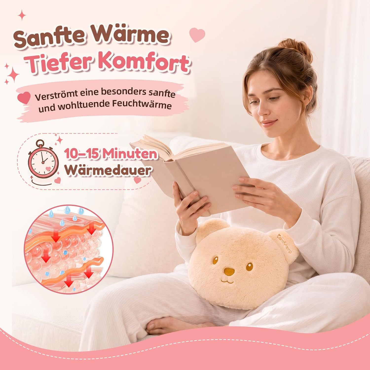 Frau hält ein Bärchen-Wärmekissen und entspannt sich. Sanfte Feuchtwärme für 10-15 Minuten.