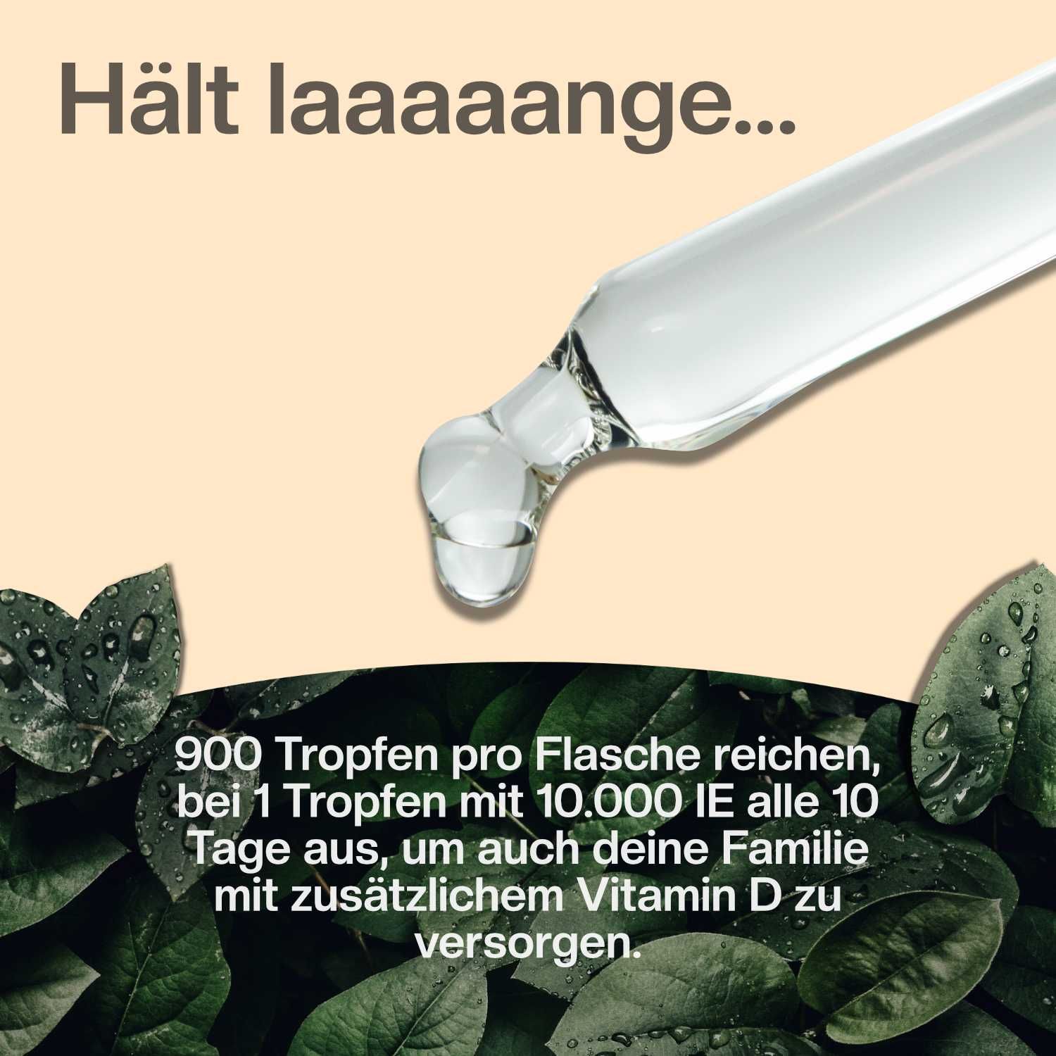 Glasflasche mit Pipette, die eine klare Flüssigkeit abgibt. Grüne Blätter im Hintergrund.