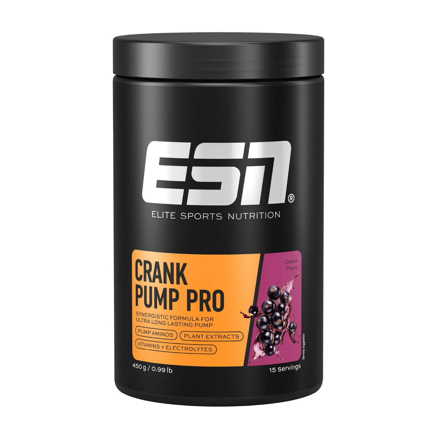 Schwarze Dose mit ESN-Logo und Aufschrift Crank Pump Pro. Enthält 15 Portionen. Abbildung von Johannisbeeren.