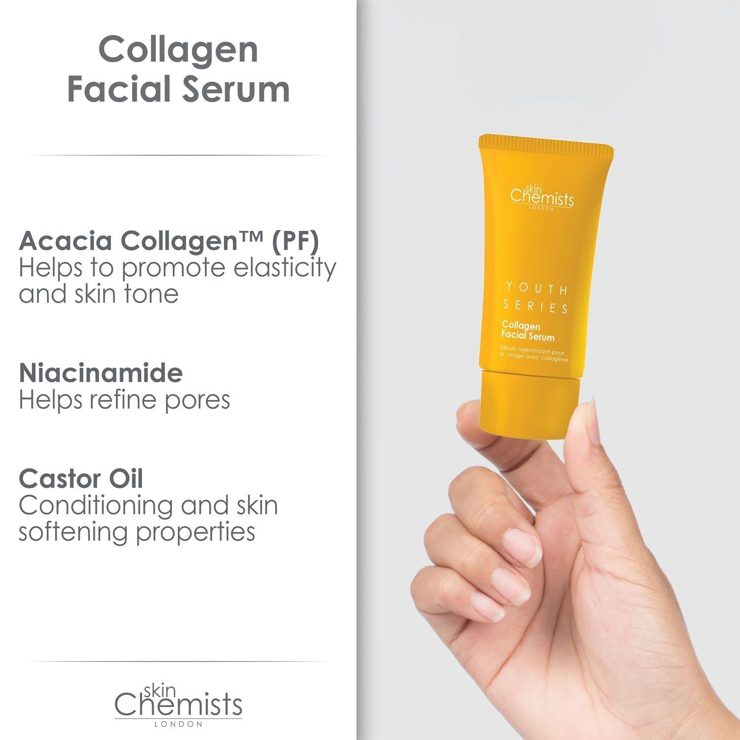 Hand hält gelbe Tube mit "skinChemists" und "Youth Series Collagen Facial Serum". Text über Inhaltsstoffe.