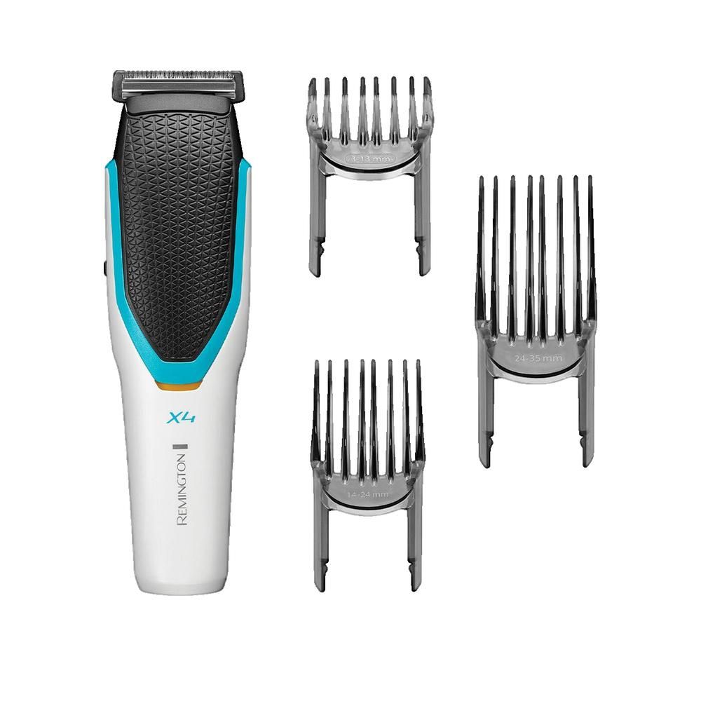 Haarschneider mit drei Aufsätzen. Weiß, schwarz und türkis. Remington X4.