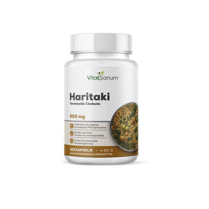VitaSanum Haritaki Kapseln, 500 mg. Weißer Behälter mit Etikett, das Haritaki-Fruchtbilder zeigt.