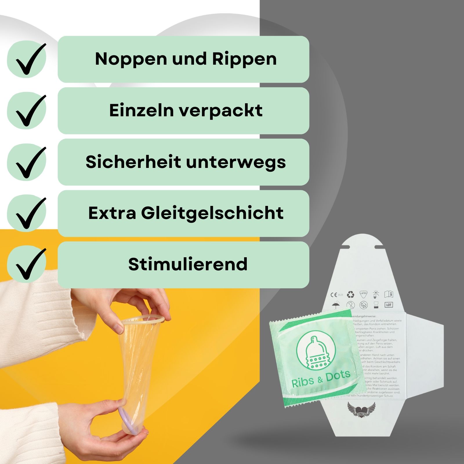 Kondom-Verpackung. Aufdruck: Ribs & Dots. Logo: Flügelherz. Text: Mit Noppen und Rippen.