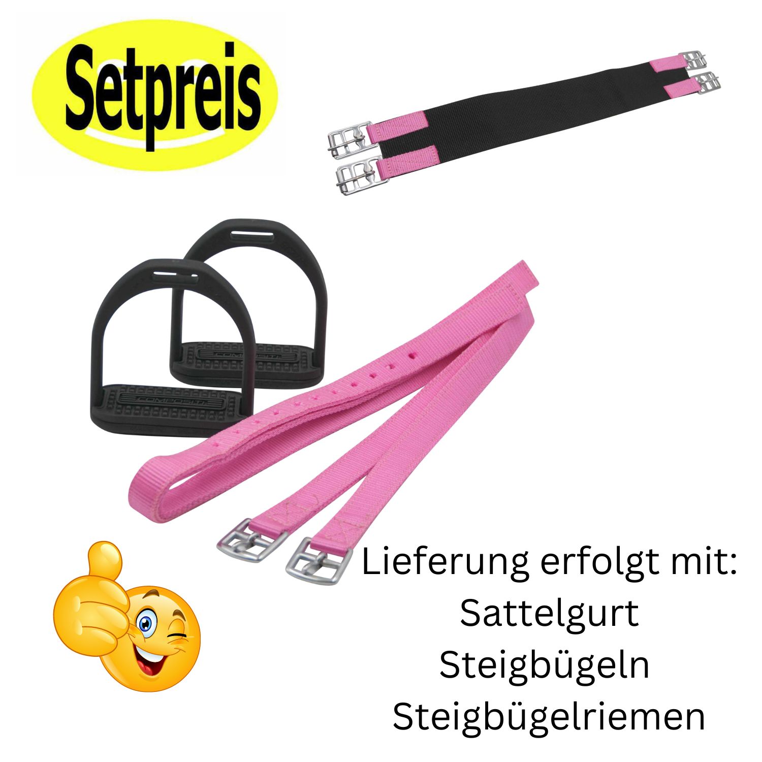 Setpreis-Etikett. Enthält Steigbügel, Steigbügelriemen und Sattelgurt. Text: Lieferung erfolgt mit...