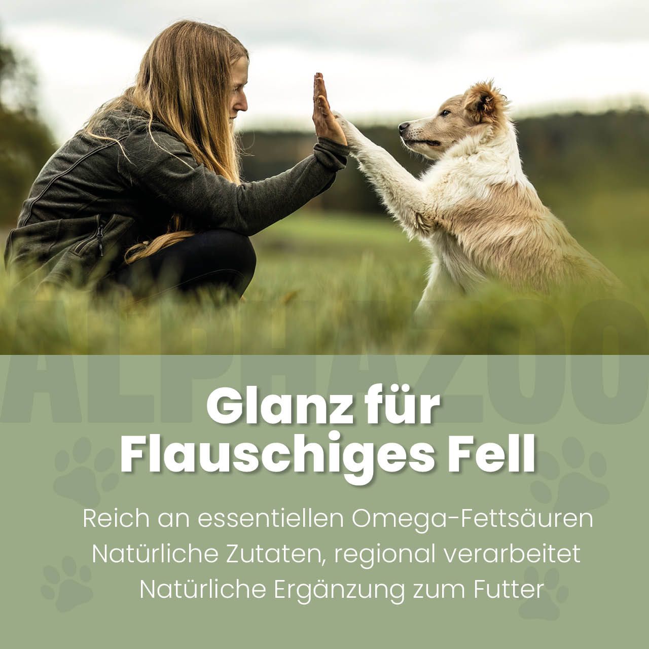 Frau und Hund geben sich High Five. Text: Glanz für flauschiges Fell. Reich an Omega-Fettsäuren, natürliche Zutaten, regional verarbeitet.