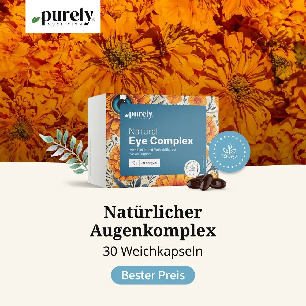 Packung Purely Natural Eye Complex mit Text über Bildschirmzeit.