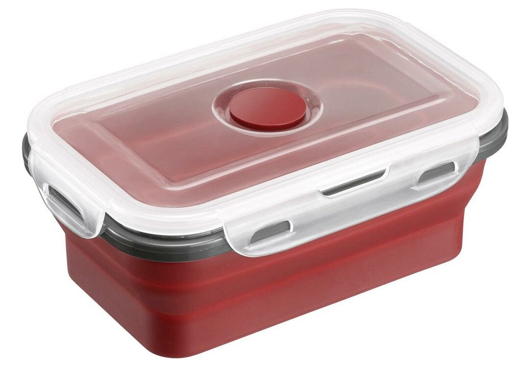 Rote, rechteckige Frischhaltedose mit transparentem Deckel und rotem Knopf. Der Deckel hat weiße Verschlüsse.