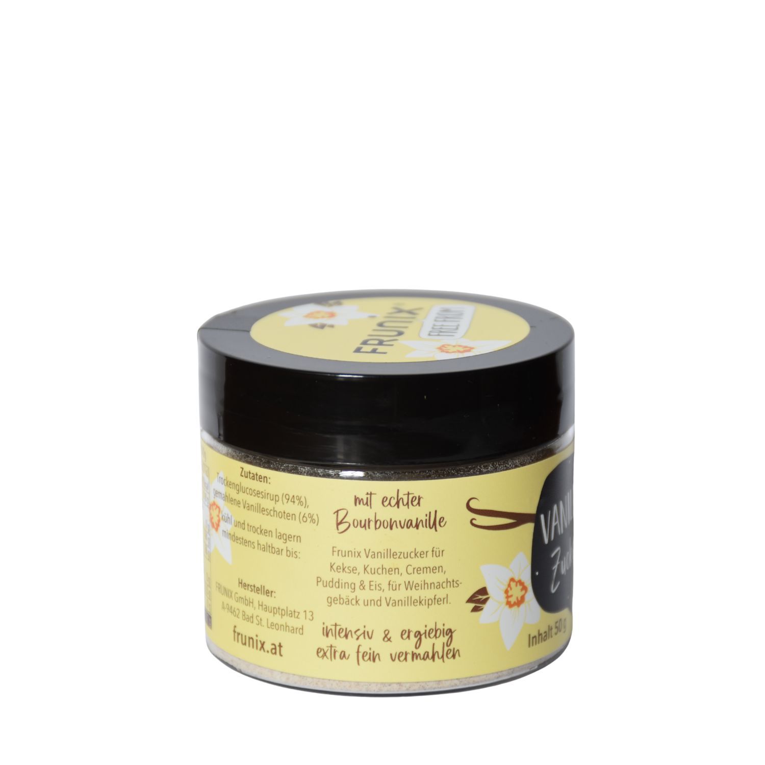 Rundes Glas mit schwarzem Deckel. Gelbes Etikett mit Produktinformationen und Text "Bourbonvanille".