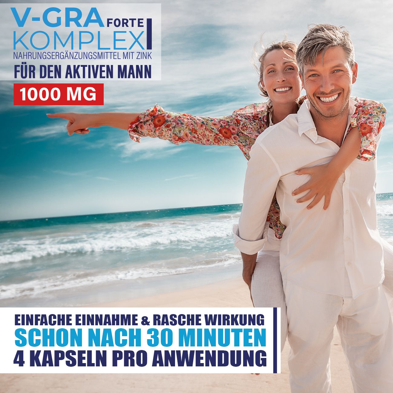 Paar am Strand. Text: Einfache Einnahme & rasche Wirkung, schon nach 30 Minuten, 4 Kapseln pro Anwendung. Produktflasche im Hintergrund.