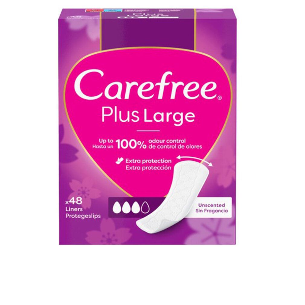 Carefree Plus Large Verpackung. Lila-rosa Schachtel mit Produktname und 48 Slipeinlagen. Weiße Slipeinlage abgebildet.