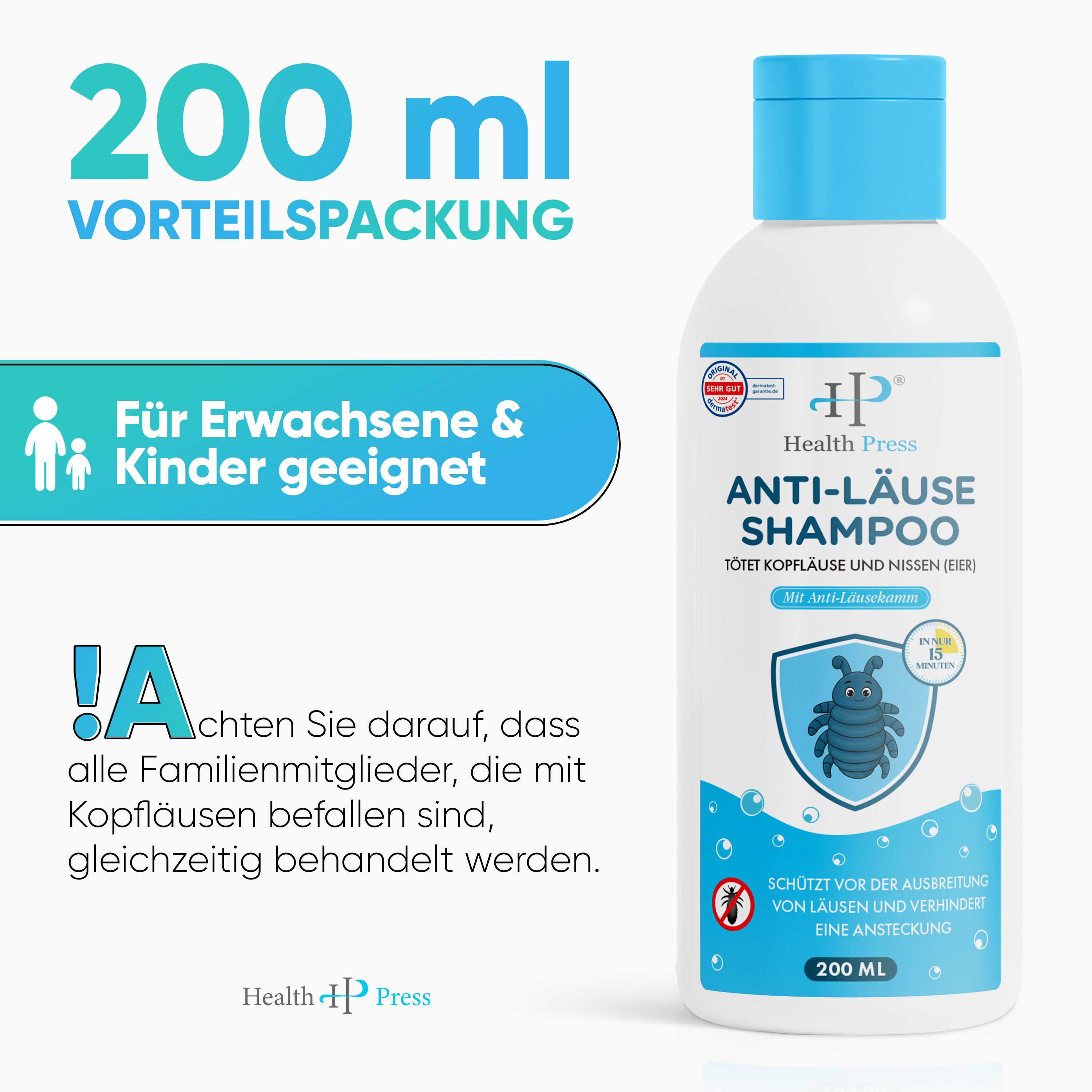 Health Press Anti-Läuse-Shampoo-Flasche. Aufschrift: Anti-Läuse-Shampoo. 200ml. Geeignet für Erwachsene und Kinder.