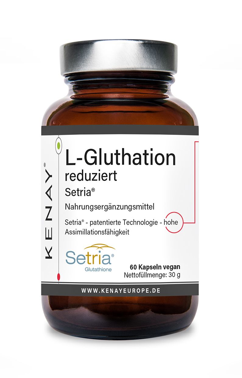 Braune Glasflasche mit Kapseln. Etikett mit "L-Gluthation reduziert Setria®" und "KENAY®"-Logo. 60 vegane Kapseln.