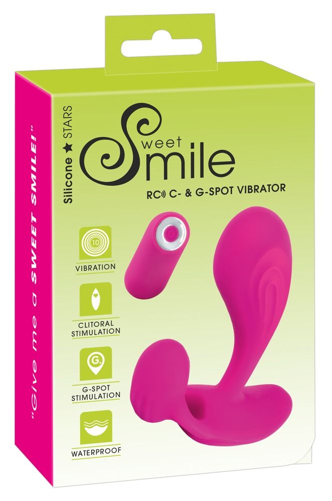 Verpackung mit rosa Vibrator und Fernbedienung. Text: Sweet Smile, RC C- & G-Spot Vibrator.
