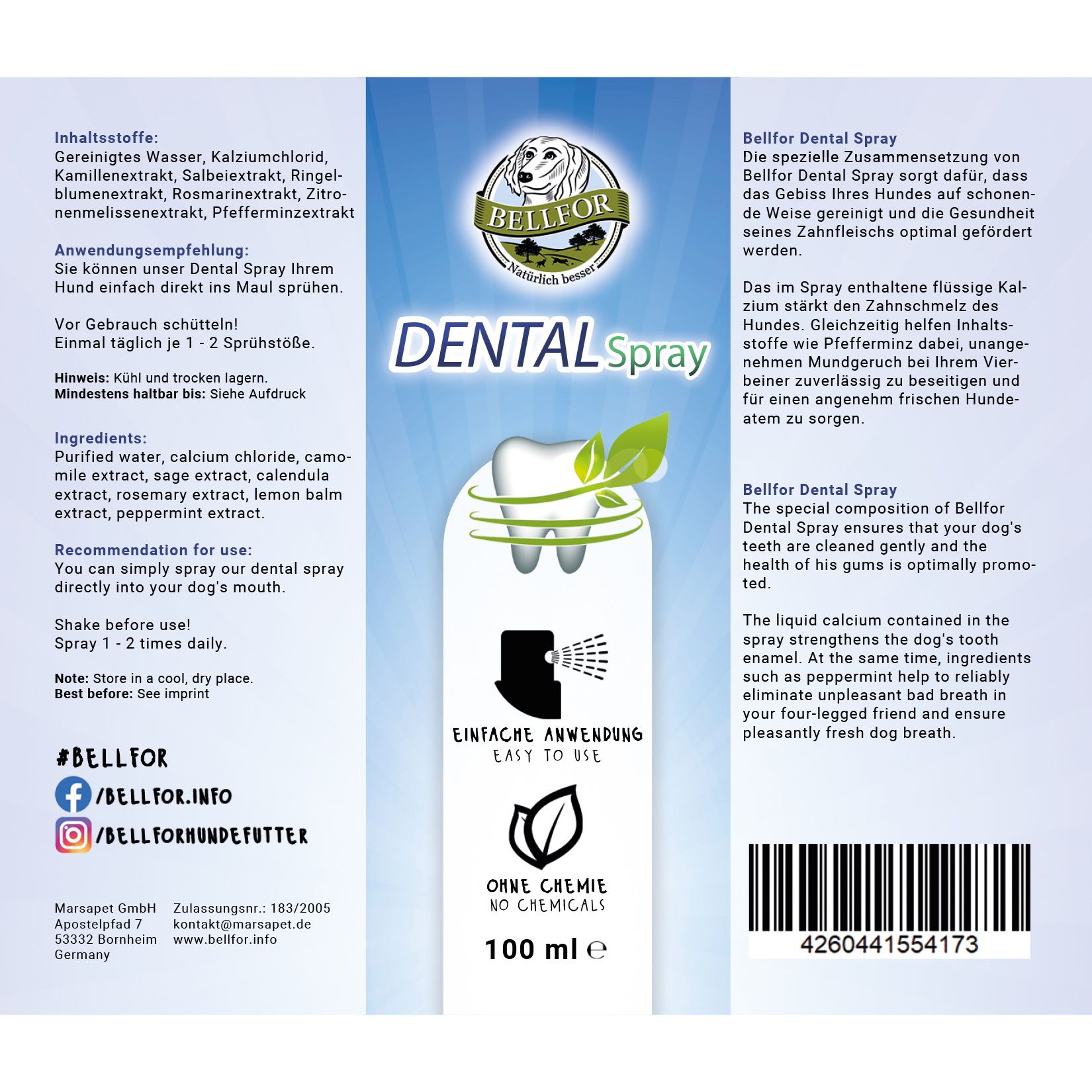 Bellfor Dental Spray. Flasche mit Aufschrift und Inhaltsangaben. Enthält Inhaltsstoffe wie Kamillenextrakt und Pfefferminzextrakt. 100 ml.