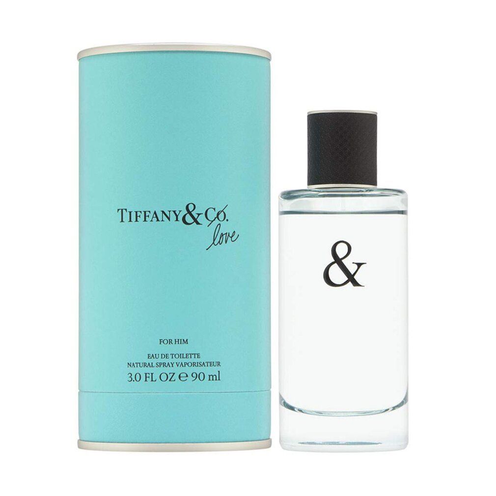 Türkisfarbene Verpackung und Flakon. Flakon mit schwarzem Deckel und & Zeichen. Aufschrift: Tiffany & Co. Love.
