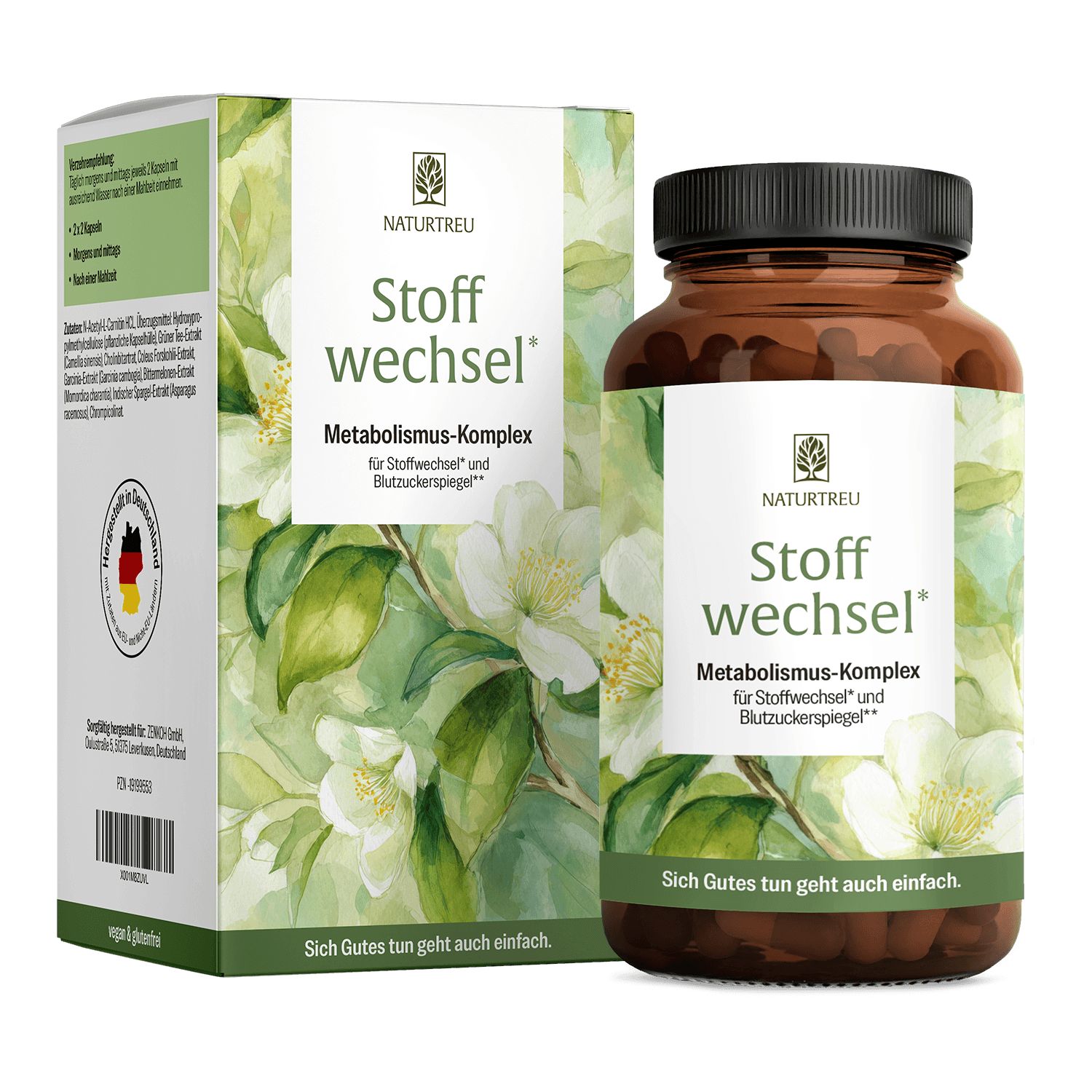 NATURTREU Stoffwechsel Kapseln in Braunglasflasche und Kartonverpackung mit Blütenmotiv.