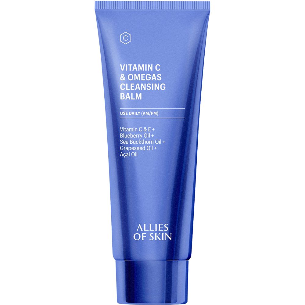 Blauwe Tube mit Aufschrift 'Vitamin C & Omegas Cleansing Balm'. Enthält Inhaltsstoffe wie Blaubeeröl und Acai-Öl. Marke: ALLIES OF SKIN.