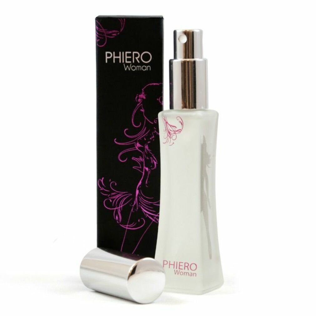 Flakon und Verpackung von Pheromonparfüm "Phiero". Flakon mit silbernem Zerstäuber, schwarze Schachtel mit pinkfarbenem Design. Deckel liegt daneben.