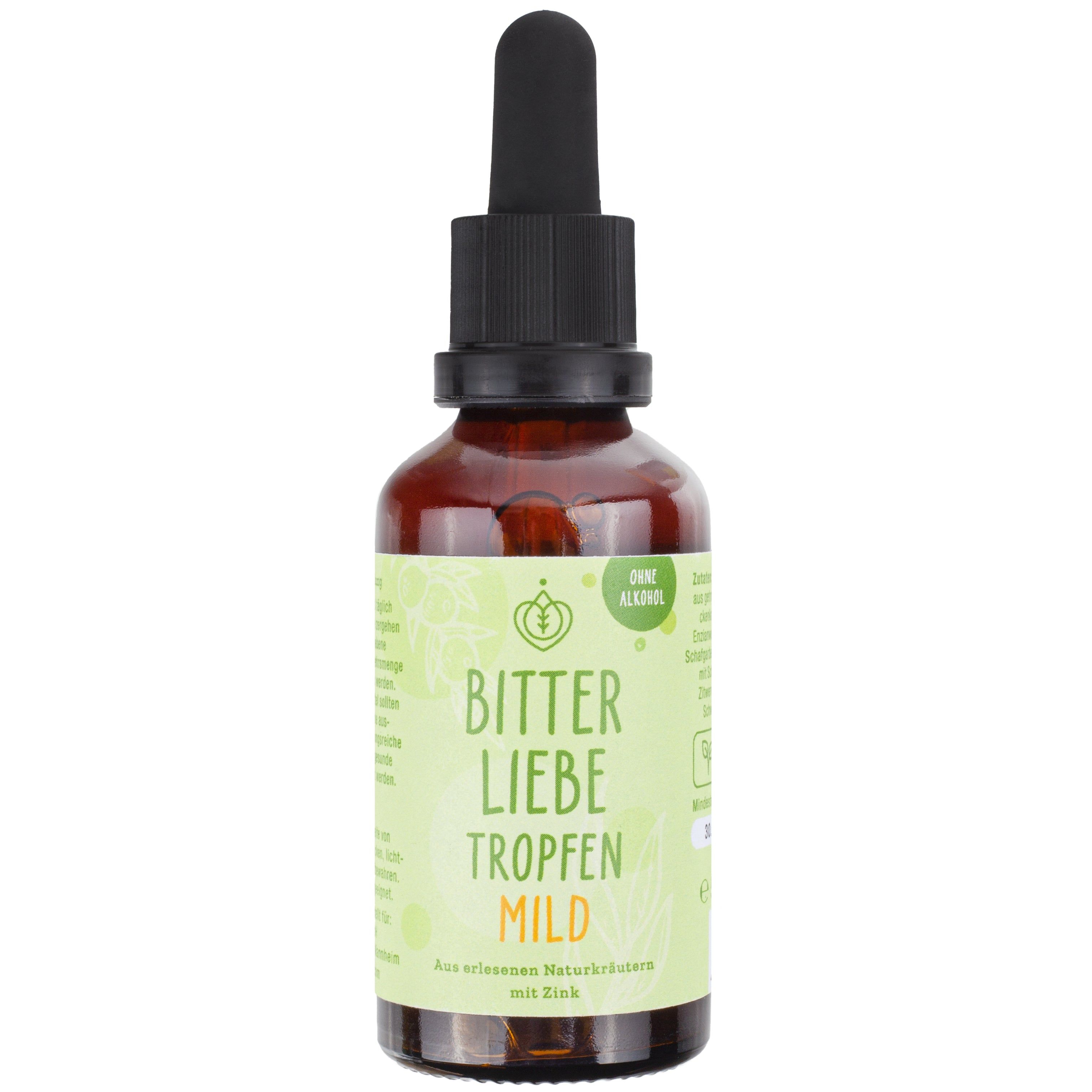 Braune Glasflasche mit schwarzem Tropfer. Aufschrift: BitterLiebe Tropfen mild. Grün-weißes Etikett. Ohne Alkohol.