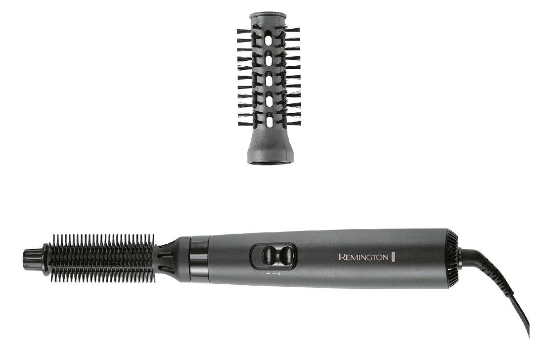 Haarstyler mit zwei Aufsätzen. Schwarzes Gehäuse, Bürstenaufsatz. Remington-Logo.