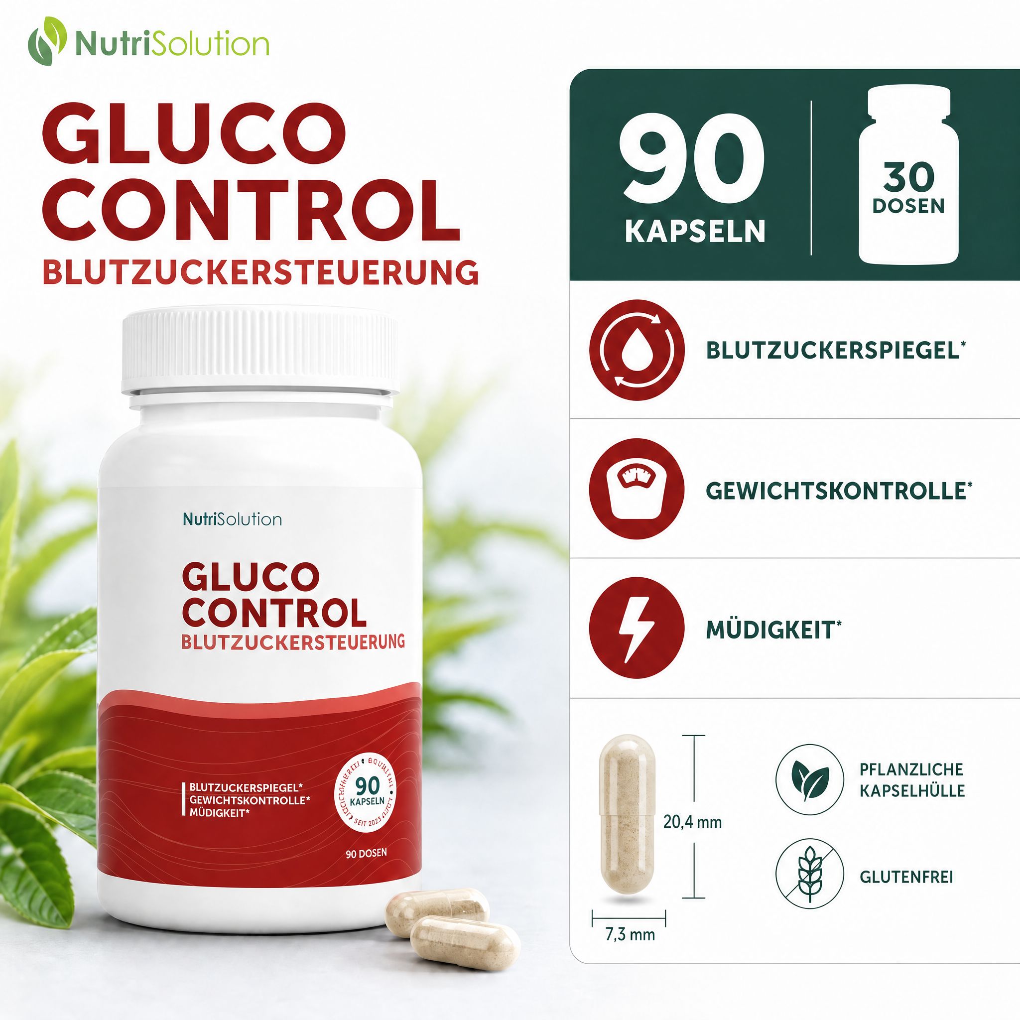 NutriSolution Glucauxi 85 Kapselbehälter mit Informationen zu 90 Kapseln und Vorteilen.