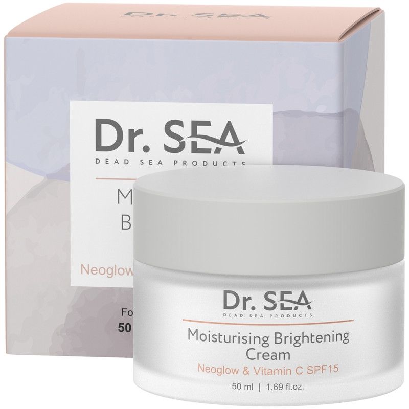 Creme-Tiegel und Verpackung. Aufschrift: Dr. SEA, Moisturising Brightening Cream, SPF15. 50 ml.