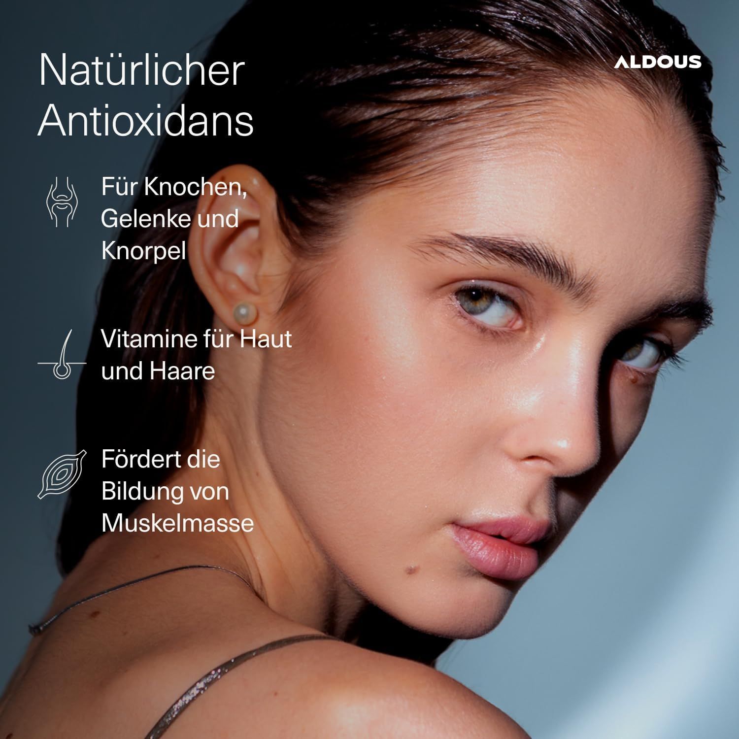 Porträt einer Frau mit Text über natürliche Antioxidantien für Knochen, Gelenke, Haut und Haare.