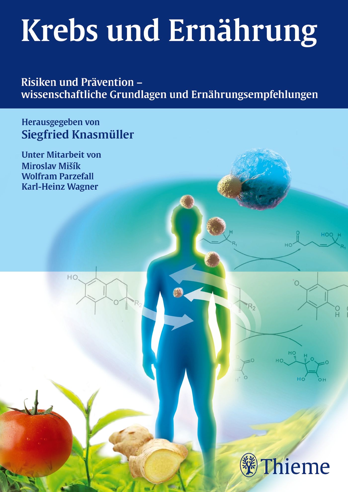 Buchcover: "Krebs und Ernährung". Titel, Autoren, und Thieme-Logo. Illustration: Mensch, Gemüse, Moleküle.