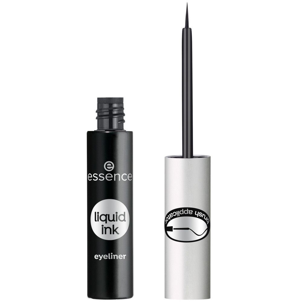 Schwarzer Flüssig-Eyeliner mit Pinselapplikator. Geöffnete Flasche und Applikator daneben. Aufschrift: liquid ink eyeliner.