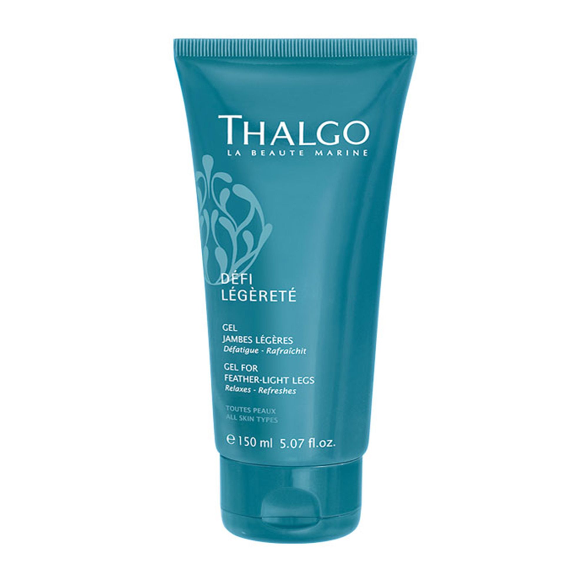 Türkisfarbene Tube mit Produktinformationen. Aufschrift: THALGO, DÉFI LÉGÈRETÉ, GEL JAMBES LÉGÈRES, GEL FOR FEATHER-LIGHT LEGS. Volumen: 150 ml.