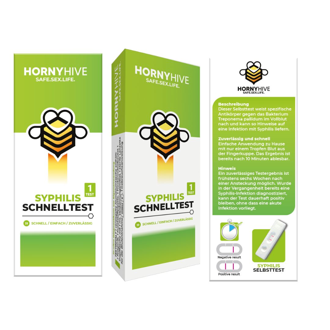 Drei Packungen "Syphilis Schnelltest". Grün-weißes Design. Logo: gelbe Biene. Text: "HORNYHIVE SAFE.SEX.LIFE."