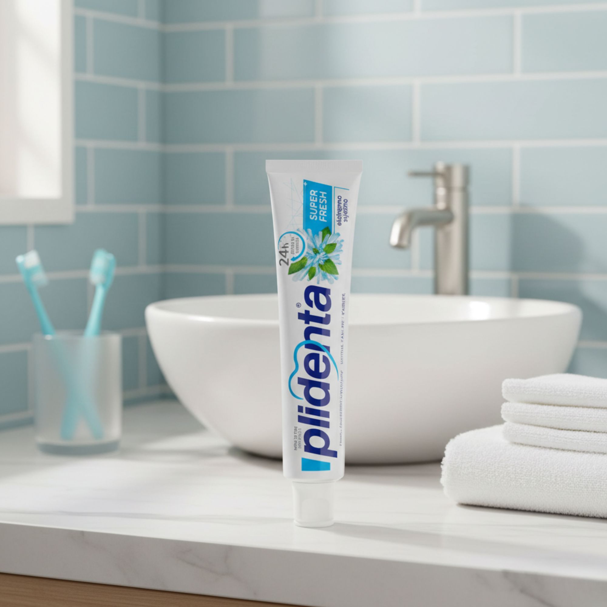 Zahncreme-Tube Plidenta vor Waschbecken. Aufschrift: Super Fresh, 24h.