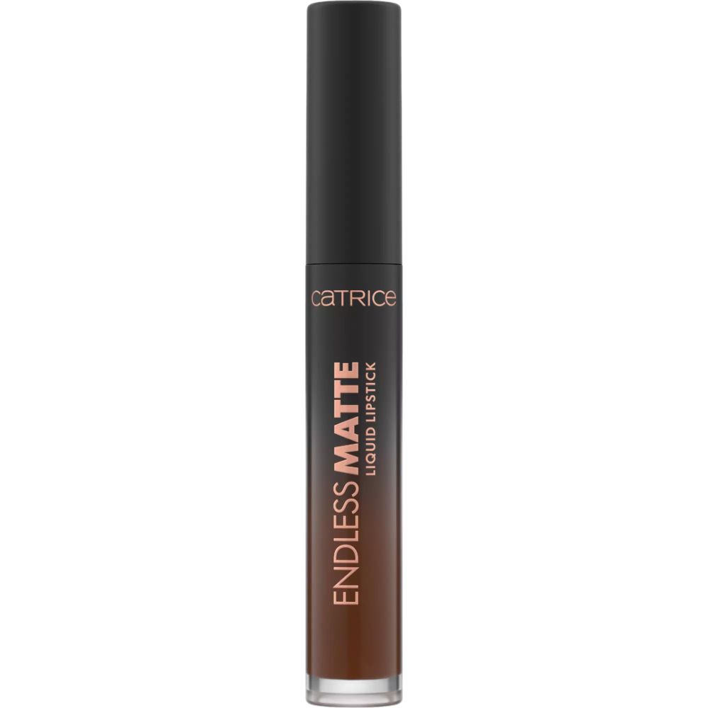 Geschlossene Tube flüssigen Lippenstifts. Schwarzer Deckel, braune Tube mit Schriftzug. Produktname: Endless Matte Liquid Lipstick.