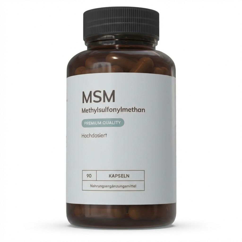 Braune Kapsel-Dose mit weißem Etikett. Aufschrift: MSM Methylsulfonylmethan, Premium Quality, 90 Kapseln. Nahrungsergänzungsmittel.