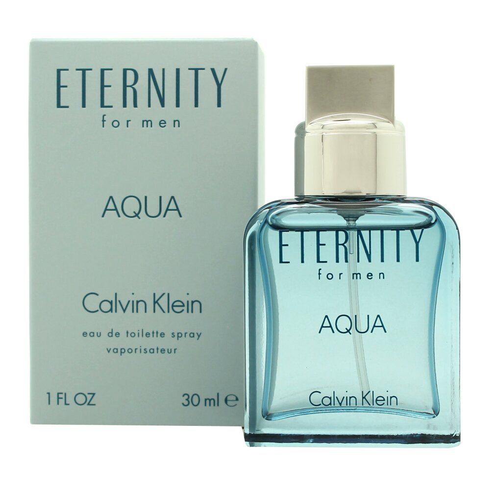 Hellblaues Parfümflakon und Schachtel. Aufschrift: ETERNITY for men AQUA, Calvin Klein. 30 ml, 1 FL OZ.