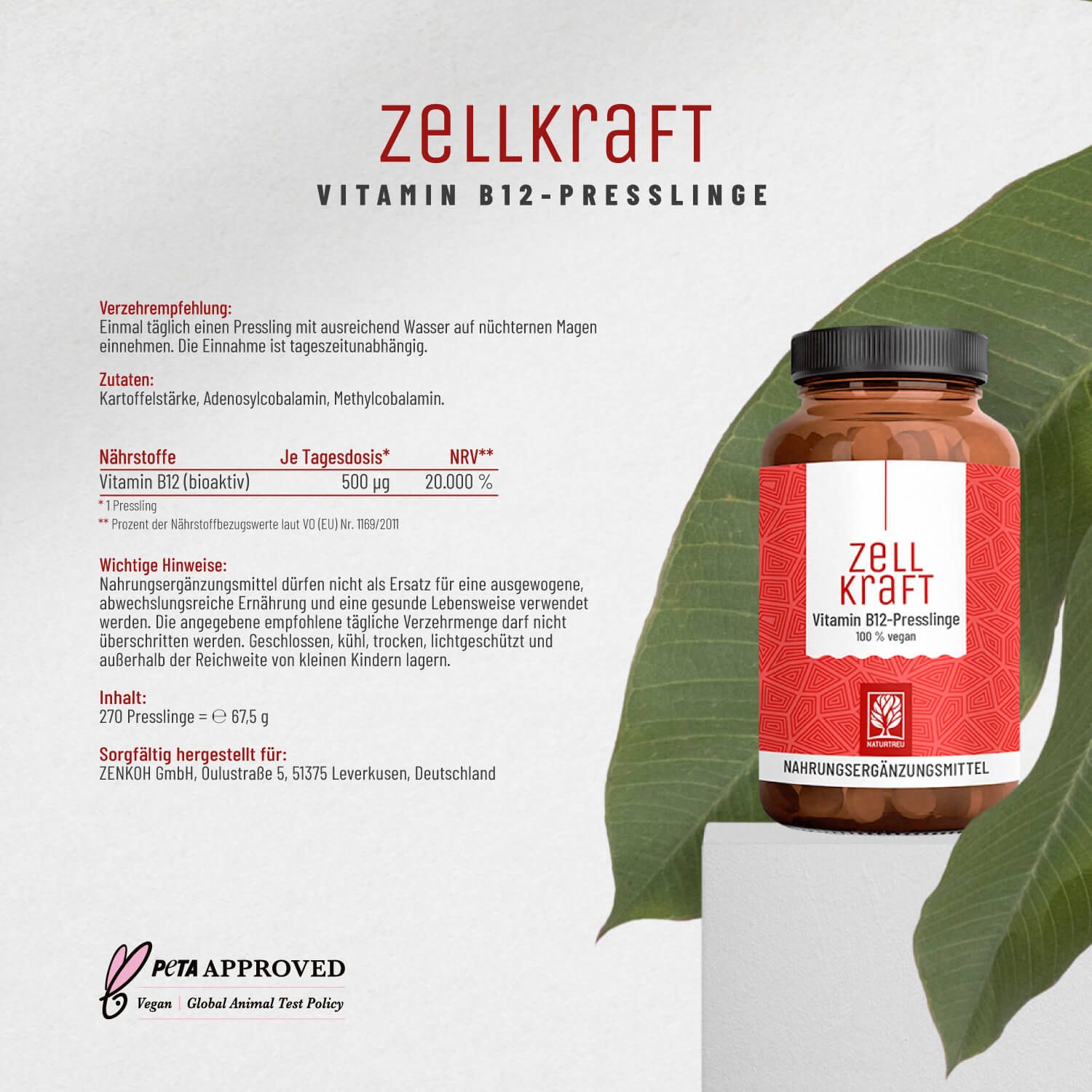Braune Flasche mit schwarzem Deckel. Aufschrift "zellKraft Vitamin B12-Presslinge". Rote Etikett.