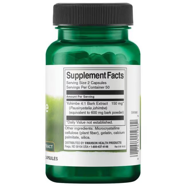 Rückseite der grünen Flasche. Aufschrift: Supplement Facts, Yohimbe 4:1 Bark Extract, 150 mg, 50 Portionen.