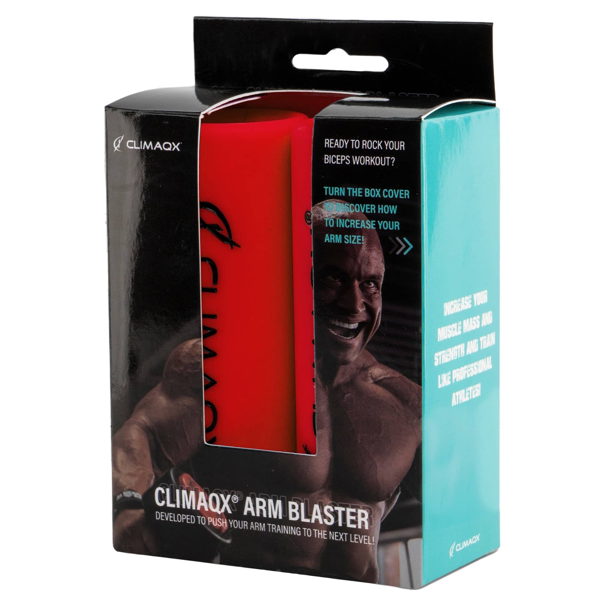Verpackung mit CLIMAQX Arm Blaster. Produkt in roter Farbe sichtbar. Text und Abbildung eines Mannes.
