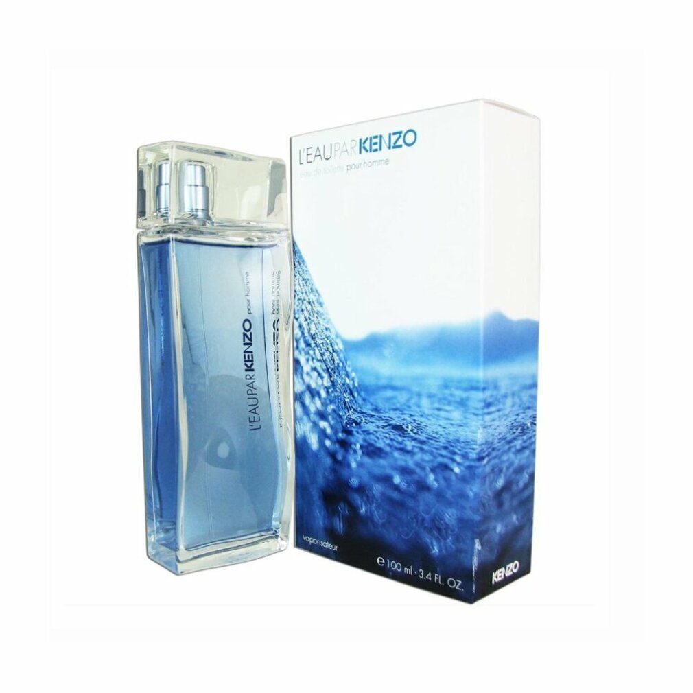 Kenzo L'Eau Pour Femme Edt Spray. Rechteckiger Flakon mit blauem Inhalt. Verpackung mit Wellenmotiv. Silberner Verschluss.
