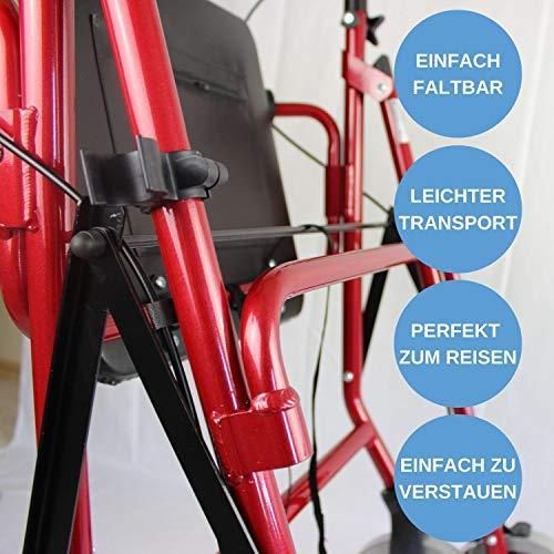 Nahaufnahme eines roten Rollators. Kreisförmige Textfelder: Einfach faltbar, Leichter Transport, Perfekt zum Reisen, Einfach zu verstauen.