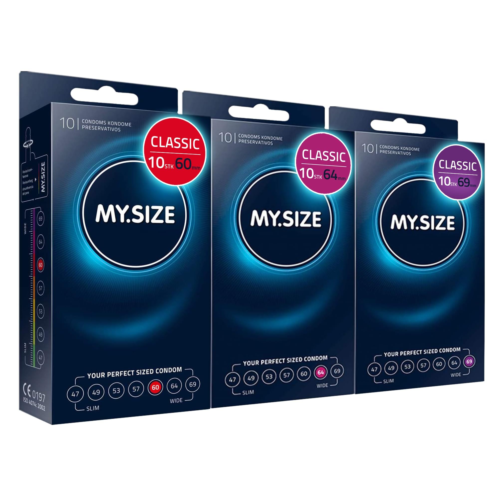 Drei Packungen MY.SIZE Classic Kondome (Größen 60, 64, 69).