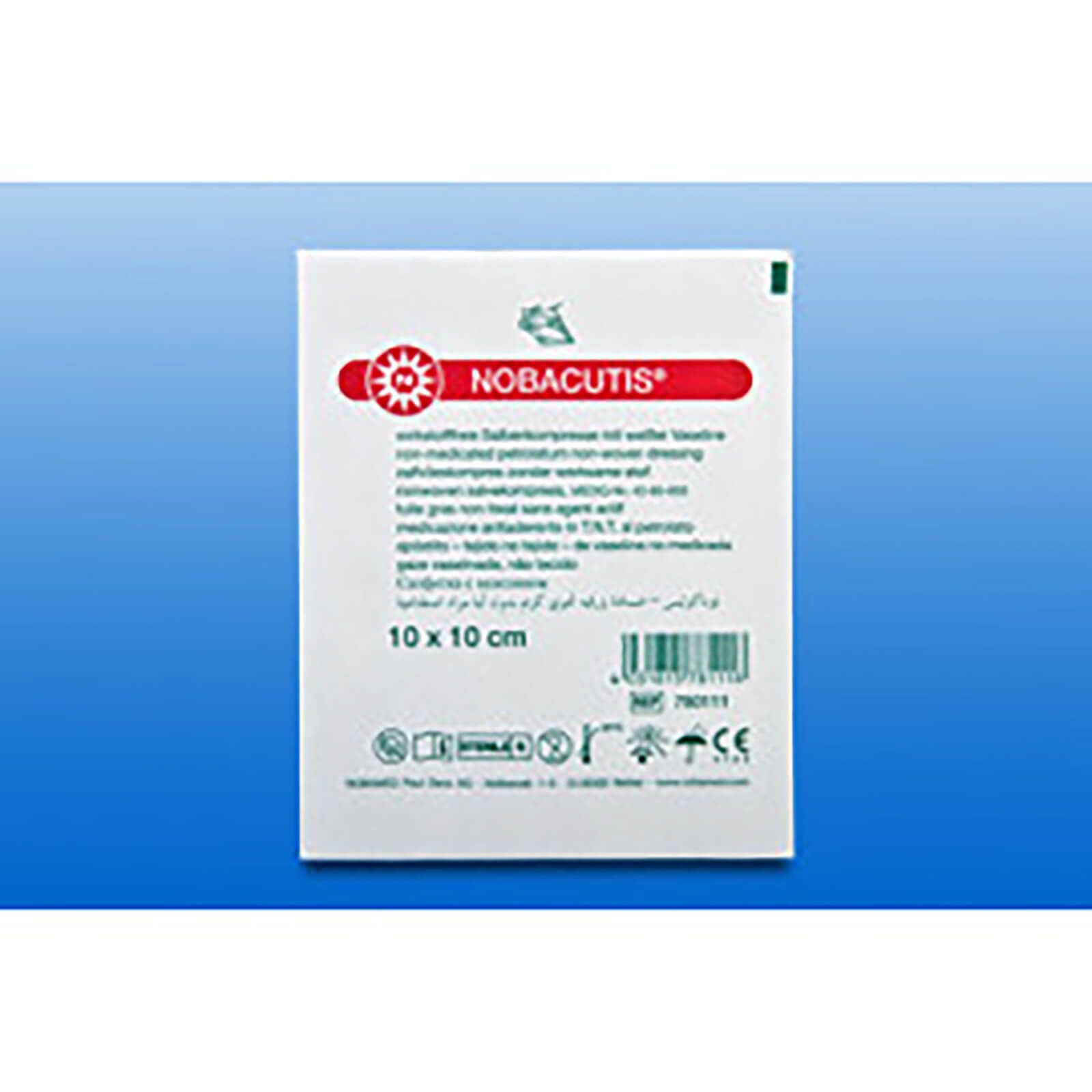 Verpackung mit Produktinformationen. Roter Streifen mit 'NOBACUTIS'. Text in mehreren Sprachen. Größe: 10 x 10 cm. Barcode.
