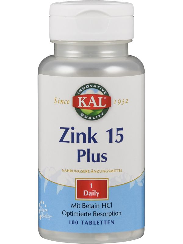 Zink 15 Plus Tablettenflasche. Marke: KAL. Aufschrift: 100 Tabletten. Mit Betain HCl. Nahrungsergänzungsmittel.