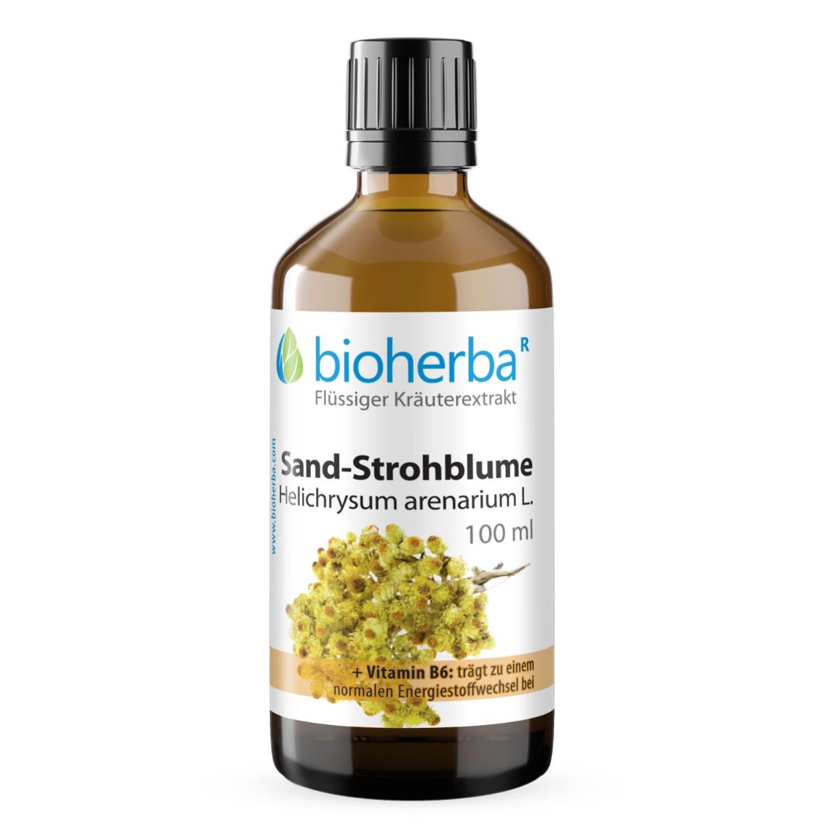 Braune Glasflasche mit schwarzem Deckel. Etikett mit Produktname: Sand-Strohblume. Hersteller: Bioherba. 100 ml.