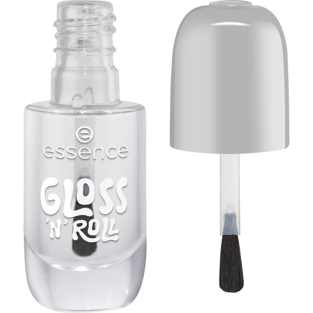 Klare Nagellackflasche mit Pinsel und Deckel. Aufschrift "essence GLOSS 'N' ROLL".