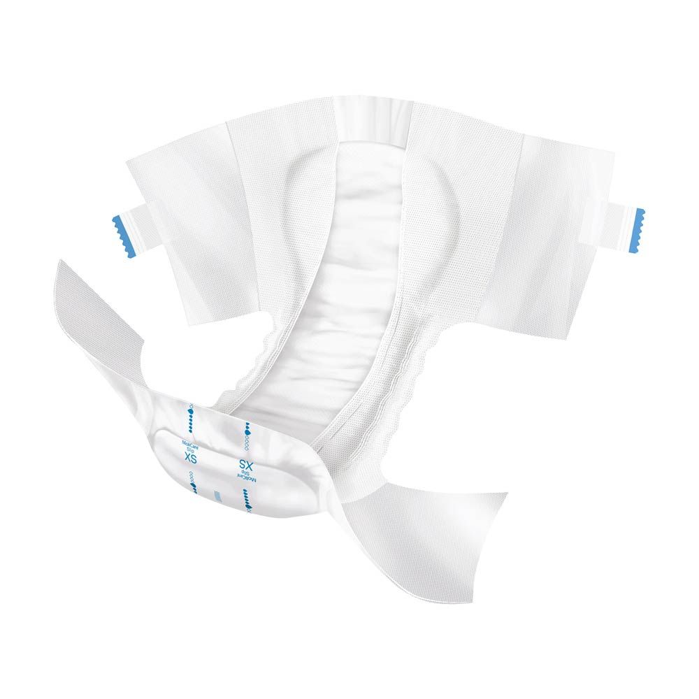 Offener MoliCare Slip Extra Plus. Weiß, mit blauen Verschlüssen und Saugkern. XS-Größe.