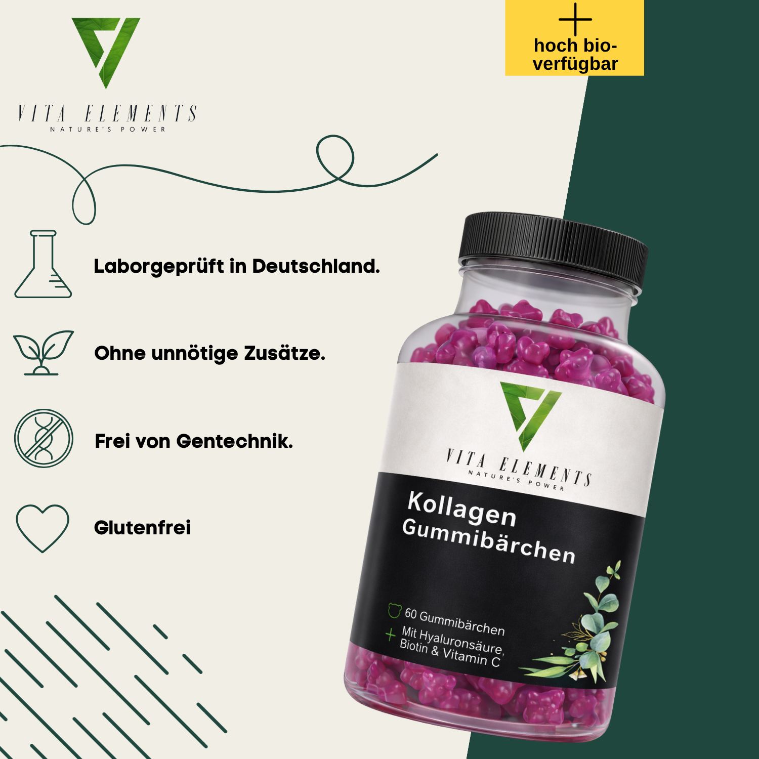Vita Elements Kollagen Gummibärchen: Glasflasche mit Etikett, daneben Symbole für Laborprüfung und Glutenfreiheit.