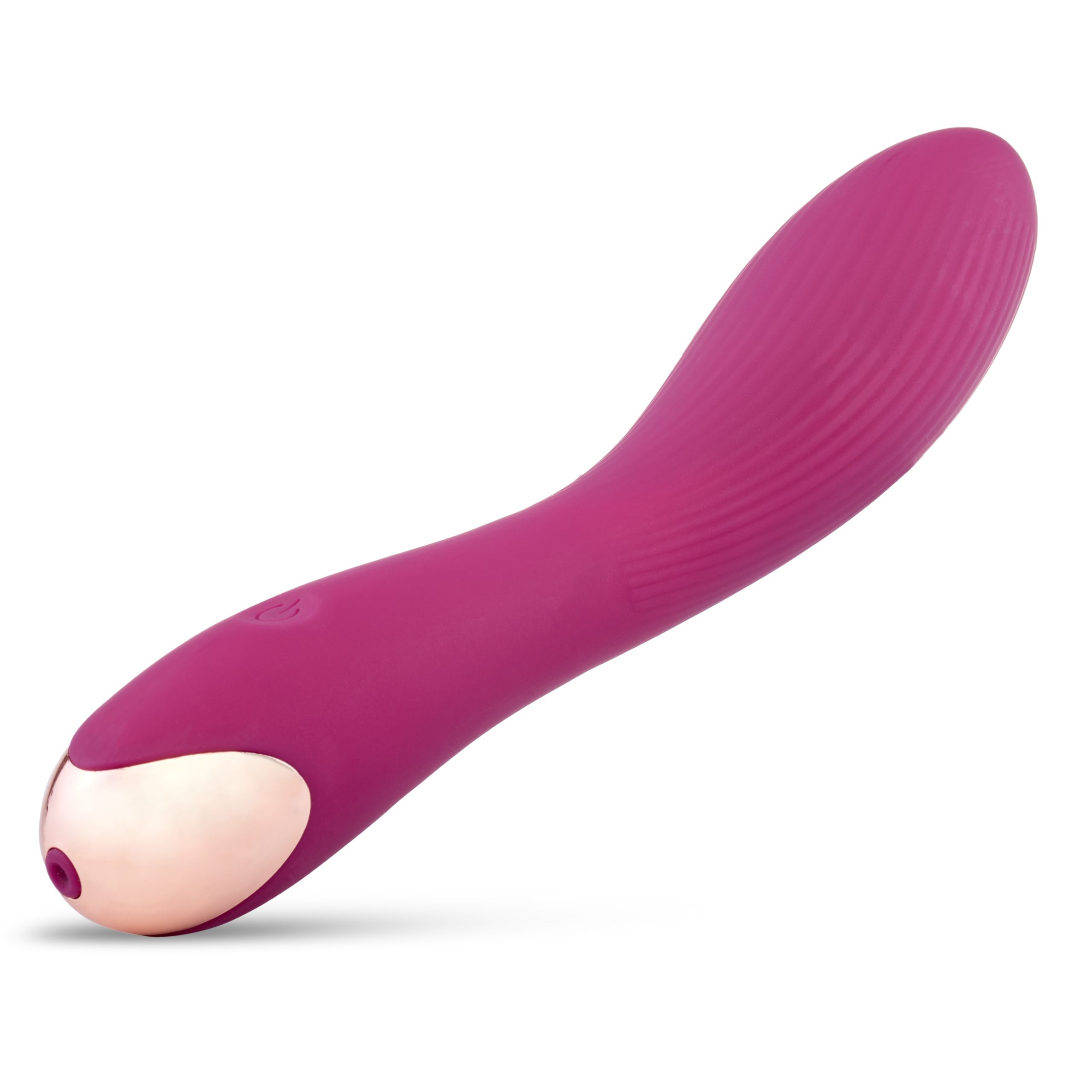 Magenta Vibrator mit geriffelter Oberfläche und goldfarbenem Ende. Auf weißem Hintergrund.